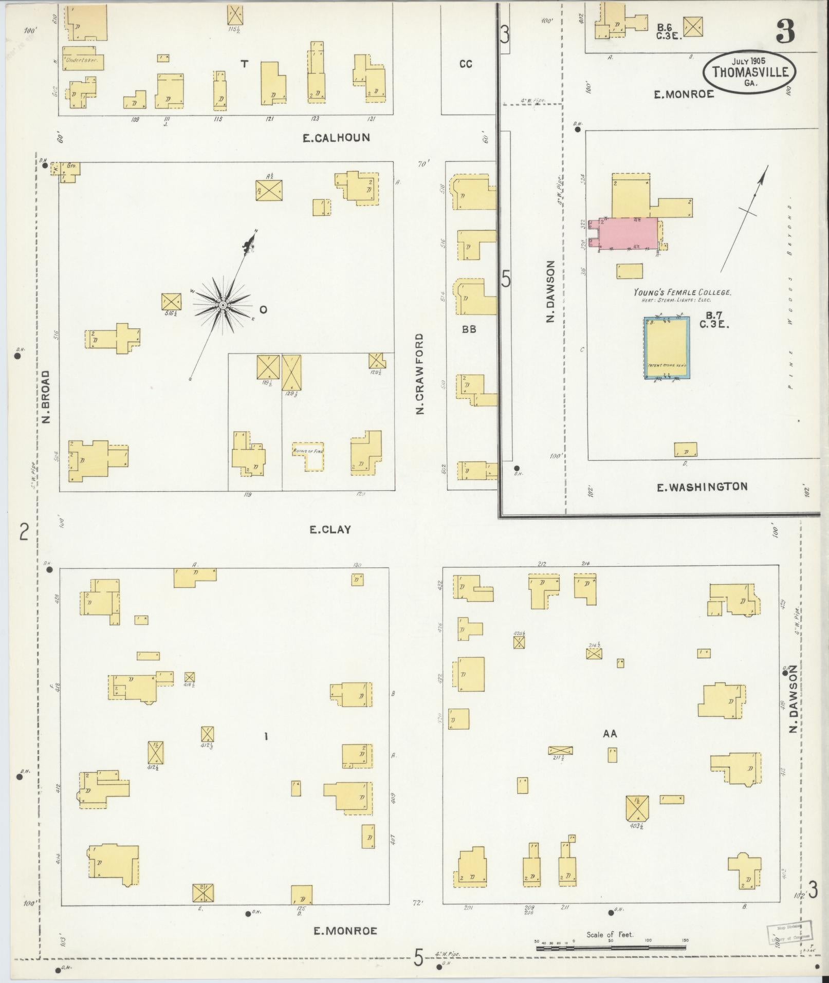 Sanborn Fire Insurance Map from Thomasville, Thomas County, Georgia (1905), Sheet #0003 - Complete Map Set gallery image, historic Sanborn map, vintage wall art, Georgia Georgia