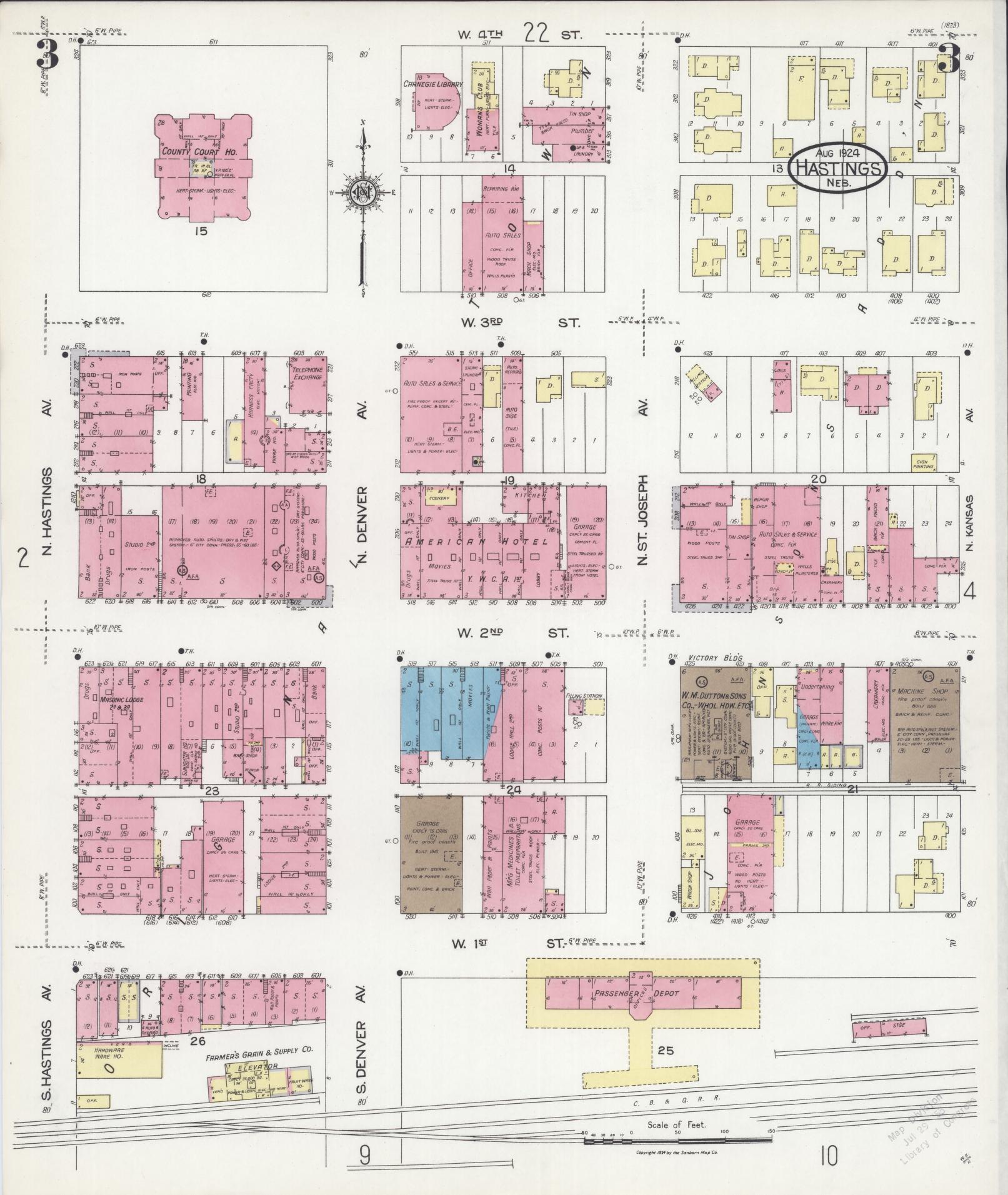 Sanborn Fire Insurance Map from Hastings, Adams County, Nebraska (1924), Sheet #0003 - Historic Sanborn Fire Insurance Map Print, vintage old map wall art, antique decor, genealogy gift, Nebraska Nebraska map