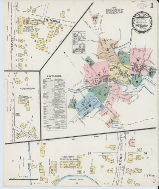 Sanborn Fire Insurance Map from Amesbury, Essex County, Massachusetts (1889), Sheet #0001 - Historic Sanborn Fire Insurance Map Print, vintage old map wall art, antique decor, genealogy gift, Massachusetts Massachusetts map