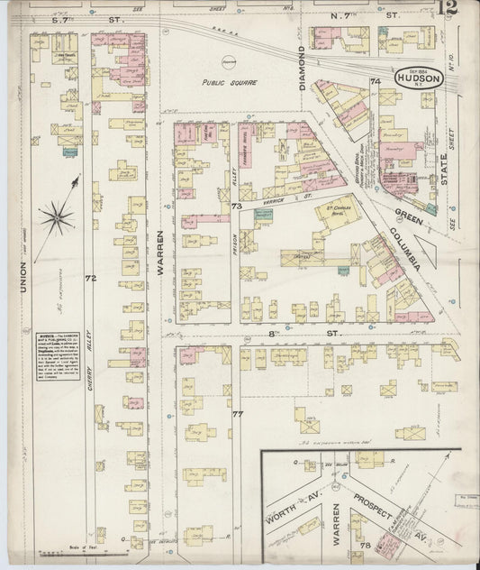 Sanborn Fire Insurance Map from Hudson, Columbia County, New York (1884), Sheet #0012 - Historic Sanborn Fire Insurance Map Print, vintage old map wall art, antique decor, genealogy gift, New York New York map