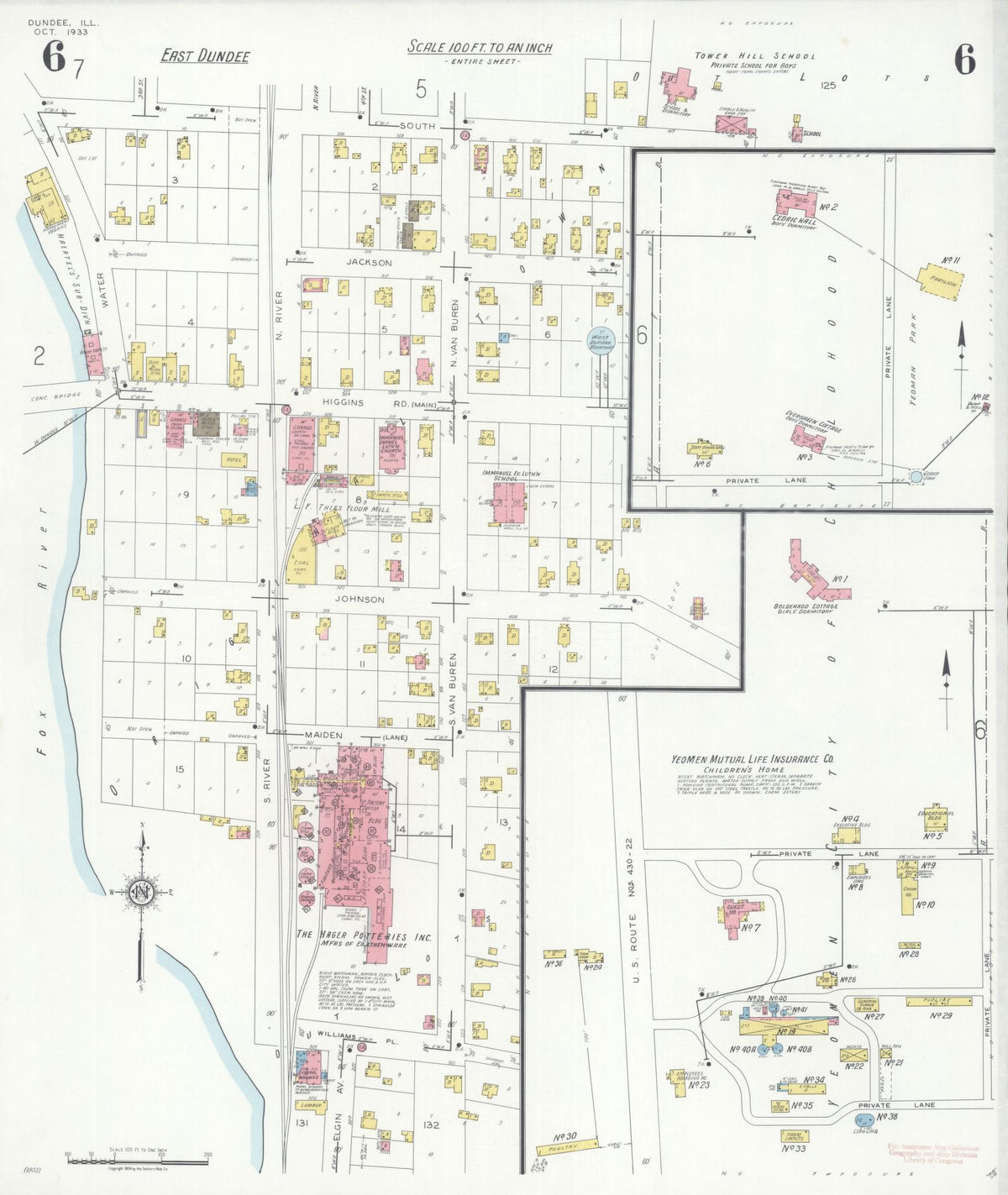 Sanborn Fire Insurance Map from Dundee, Kane County, Illinois (1933), Sheet #0006 - Historic Sanborn Fire Insurance Map Print, vintage old map wall art, antique decor, genealogy gift, Illinois Illinois map