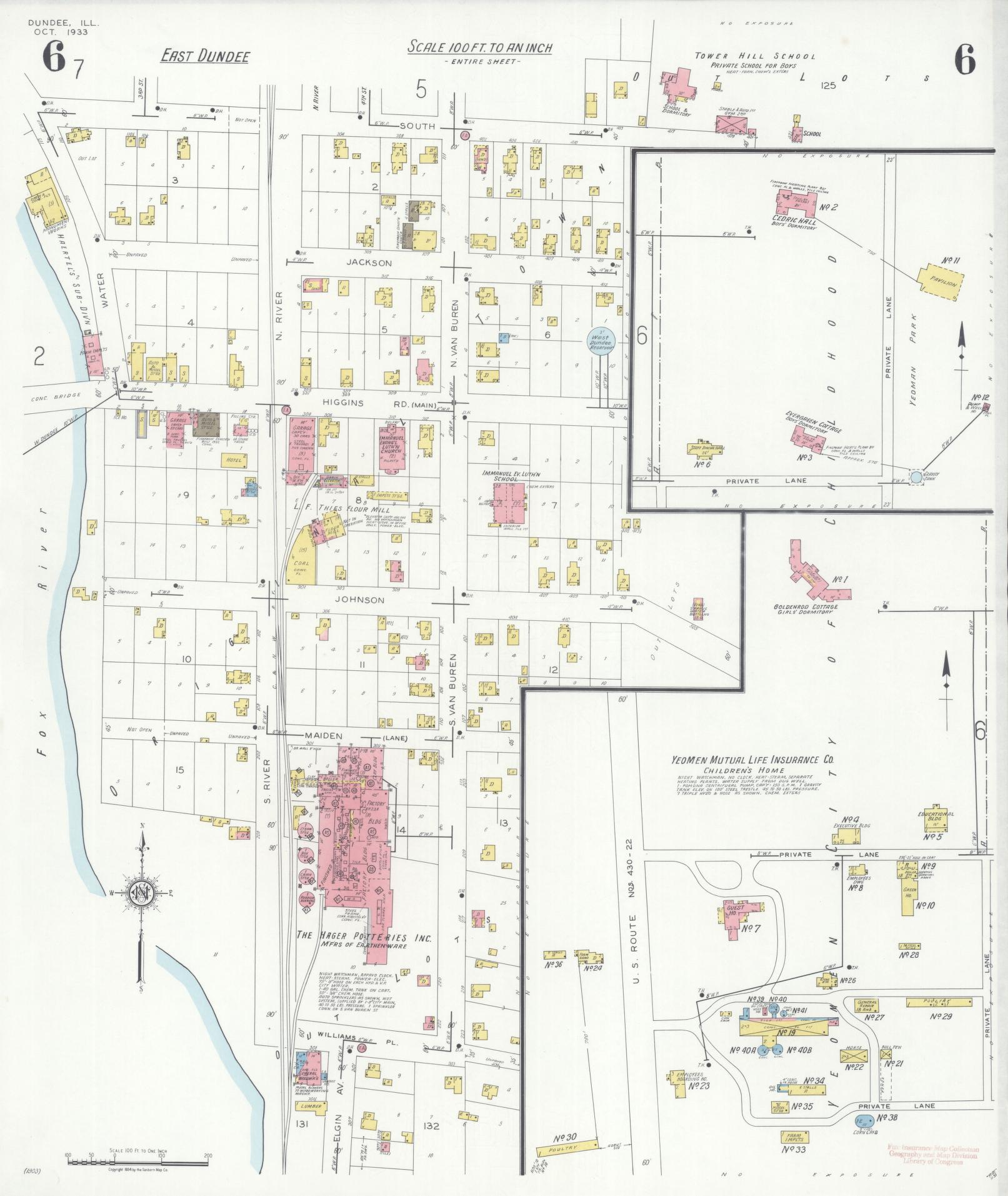 Sanborn Fire Insurance Map from Dundee, Kane County, Illinois (1933), Sheet #0006 - Historic Sanborn Fire Insurance Map Print, vintage old map wall art, antique decor, genealogy gift, Illinois Illinois map