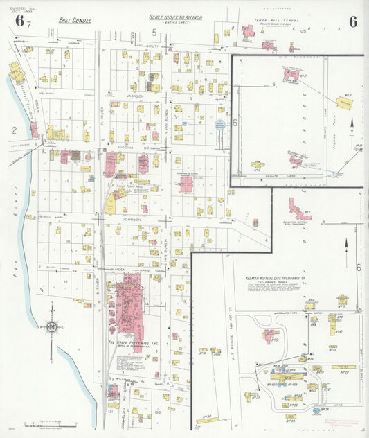 Sanborn Fire Insurance Map from Dundee, Kane County, Illinois (1933), Sheet #0006 - Historic Sanborn Fire Insurance Map Print, vintage old map wall art, antique decor, genealogy gift, Illinois Illinois map