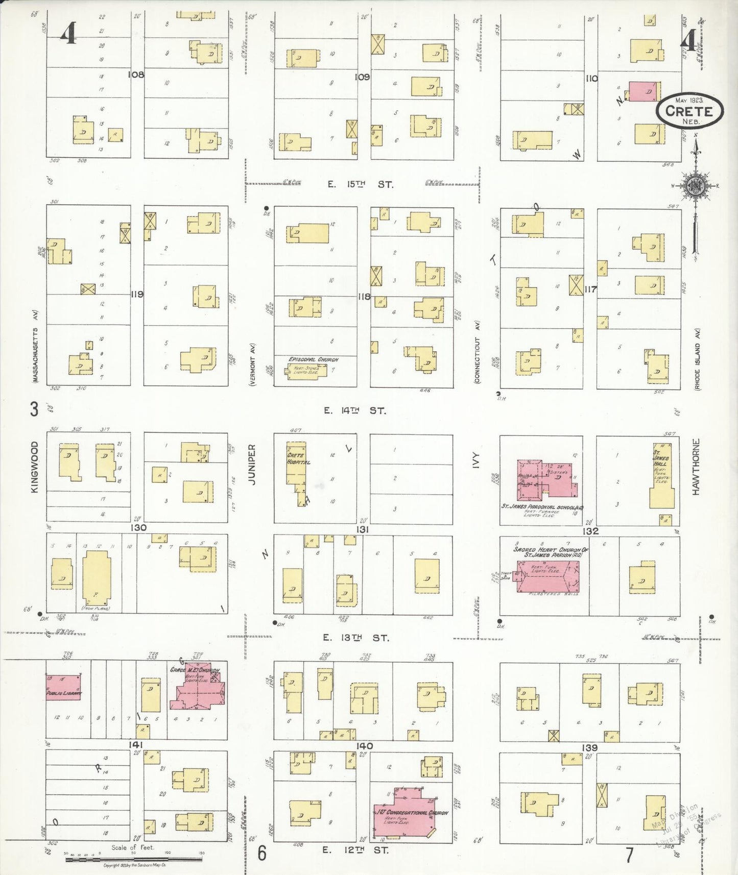 Sanborn Fire Insurance Map from Crete, Saline County, Nebraska (1923), Sheet #0004 - Historic Sanborn Fire Insurance Map Print, vintage old map wall art, antique decor, genealogy gift, Nebraska Nebraska map