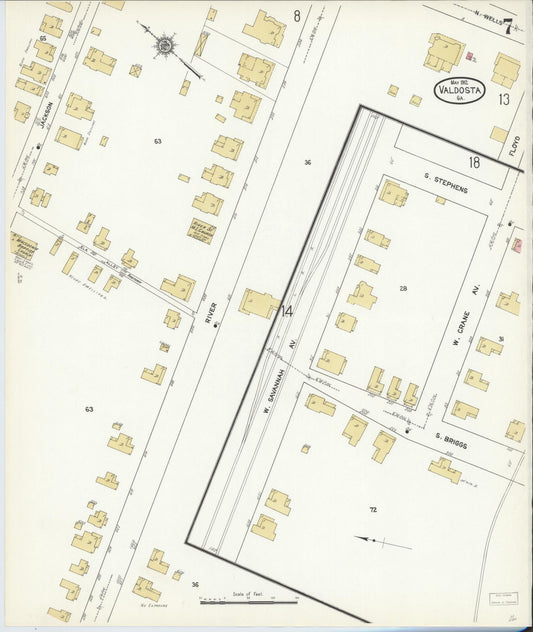 Sanborn Fire Insurance Map from Valdosta, Lowndes County, Georgia (1912), Sheet #0007 - Historic Sanborn Fire Insurance Map Print, vintage old map wall art, antique decor, genealogy gift, Georgia Georgia map