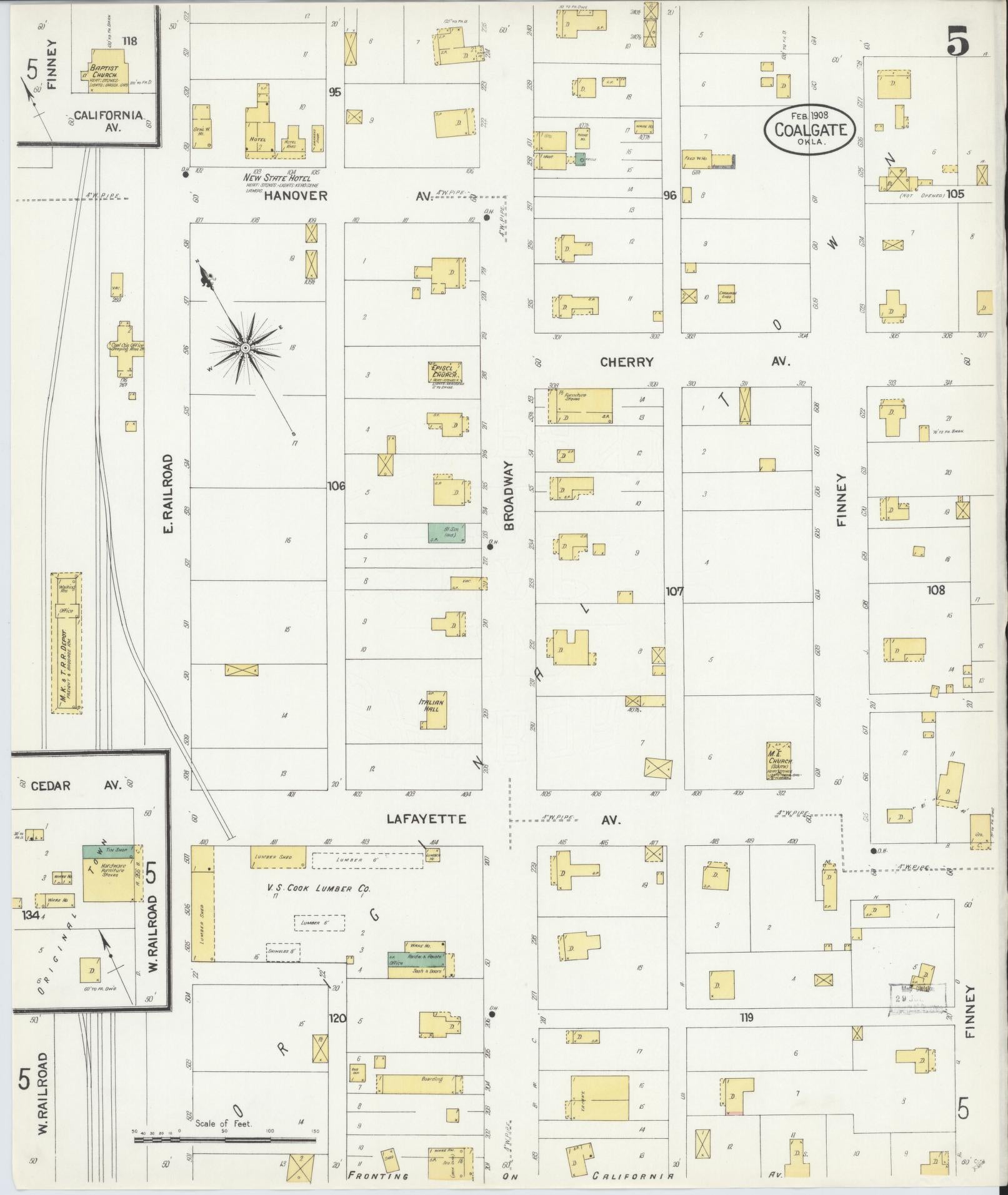 Sanborn Fire Insurance Map from Coalgate, Coal County, Oklahoma (1908), Sheet #0005 - Complete Map Set gallery image, historic Sanborn map, vintage wall art, Oklahoma Oklahoma