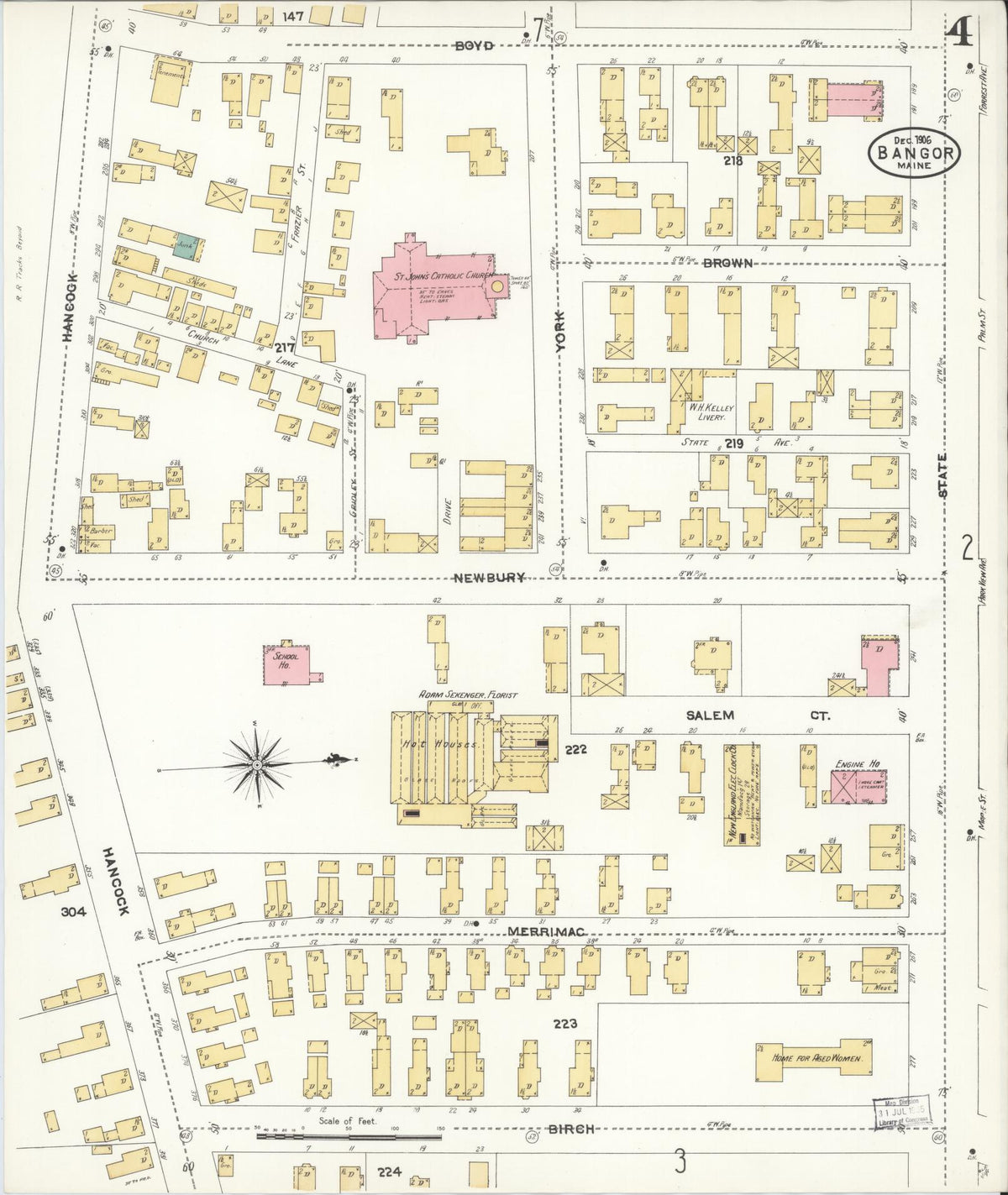 Sanborn Fire Insurance Map from Bangor, Penobscot County, Maine (1906), Sheet #0004 - Complete Map Set gallery image, historic Sanborn map, vintage wall art, Maine Maine