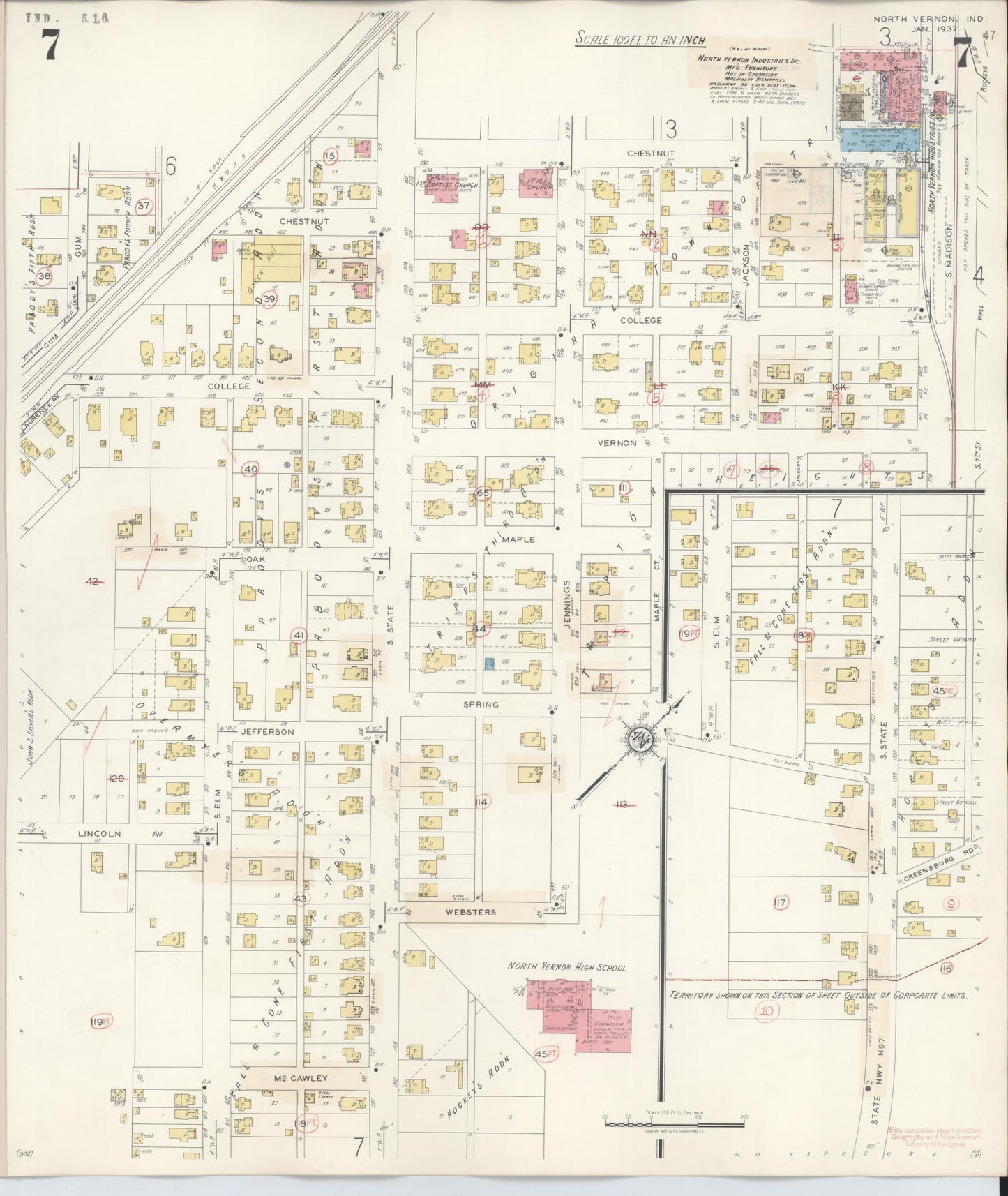 Sanborn Fire Insurance Map from North Vernon, Jennings County, Indiana (1943), Sheet #0007 - Historic Sanborn Fire Insurance Map Print, vintage old map wall art, antique decor, genealogy gift, Indiana Indiana map