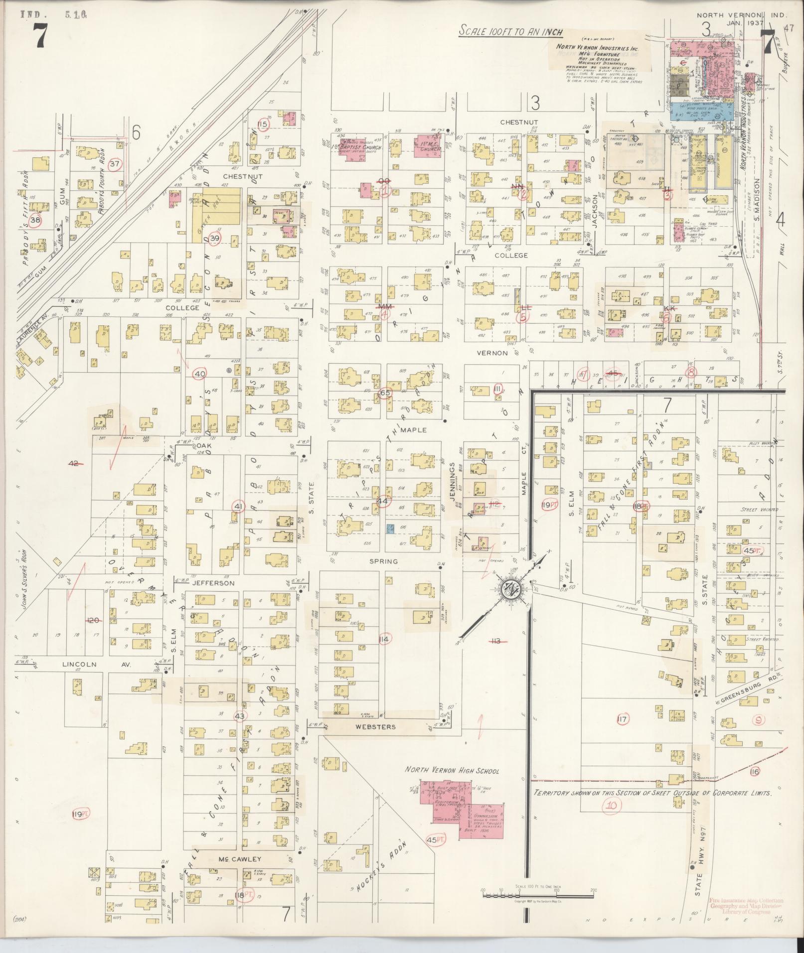 Sanborn Fire Insurance Map from North Vernon, Jennings County, Indiana (1943), Sheet #0007 - Historic Sanborn Fire Insurance Map Print, vintage old map wall art, antique decor, genealogy gift, Indiana Indiana map