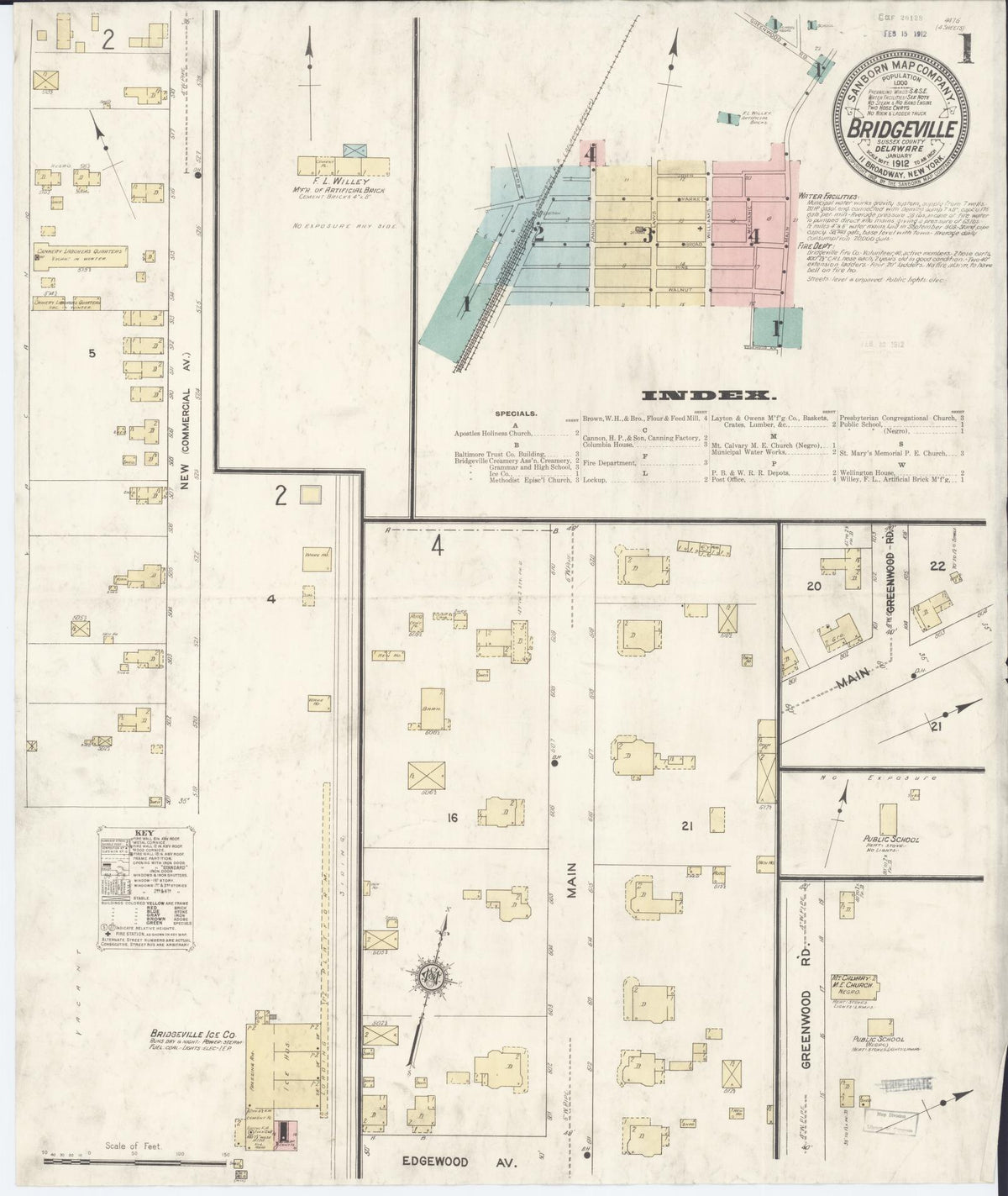 Sanborn Fire Insurance Map from Bridgeville, Sussex County, Delaware (1912), Sheet #0001 - Historic Sanborn Fire Insurance Map Print, vintage old map wall art, antique decor, genealogy gift, Delaware Delaware map