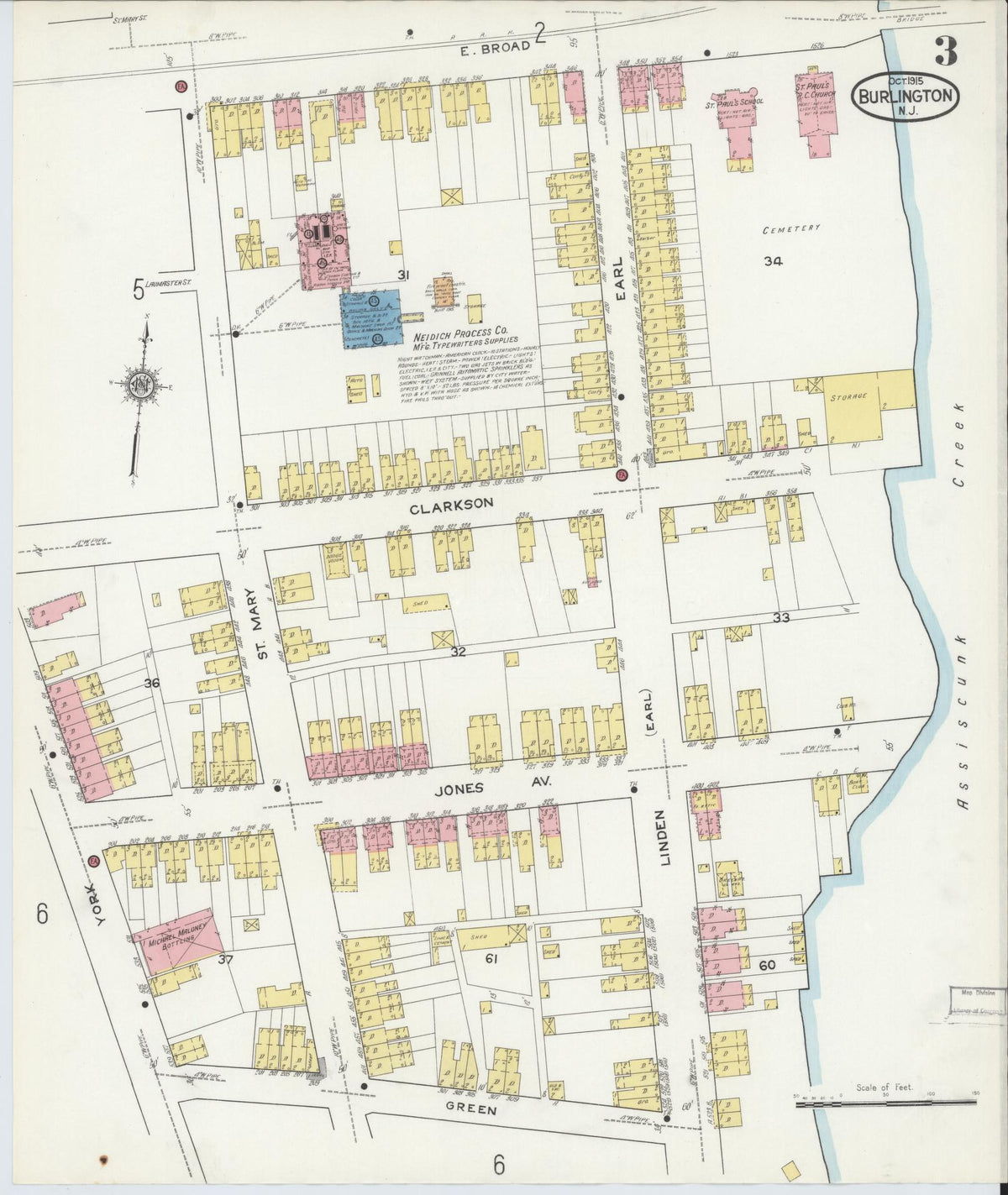 Sanborn Fire Insurance Map from Burlington, Burlington County, New Jersey (1915), Sheet #0003 - Historic Sanborn Fire Insurance Map Print, vintage old map wall art, antique decor, genealogy gift, New Jersey New Jersey map