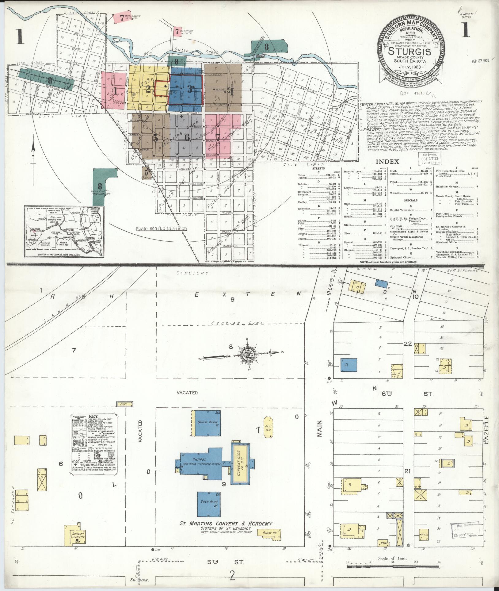 Sanborn Fire Insurance Map from Sturgis, Meade County, South Dakota (1923), Sheet #0001 - Complete Map Set gallery image, historic Sanborn map, vintage wall art, South Dakota South Dakota