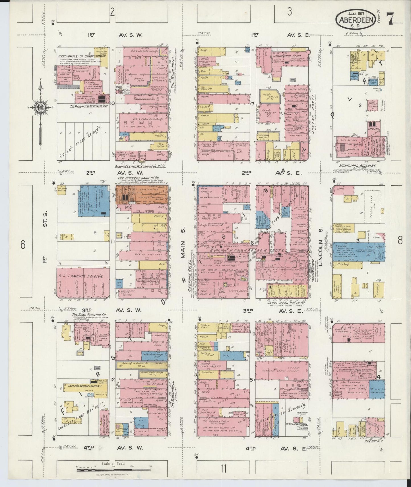 Sanborn Fire Insurance Map from Aberdeen, Brown County, South Dakota (1917), Sheet #0007 - Complete Map Set gallery image, historic Sanborn map, vintage wall art, South Dakota South Dakota