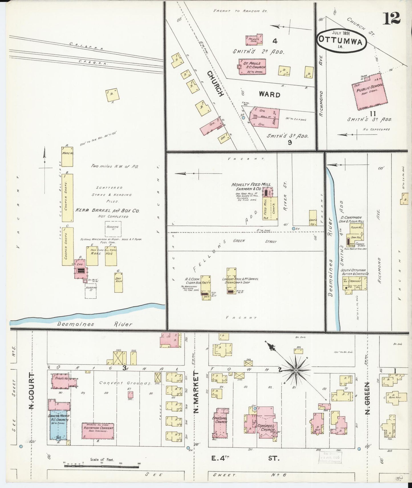 Sanborn Fire Insurance Map from Ottumwa, Wapello County, Iowa (1891), Sheet #0012 - Historic Sanborn Fire Insurance Map Print, vintage old map wall art