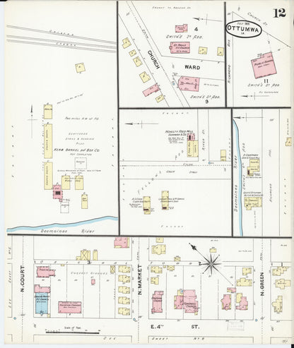 Sanborn Fire Insurance Map from Ottumwa, Wapello County, Iowa (1891), Sheet #0012 - Historic Sanborn Fire Insurance Map Print, vintage old map wall art