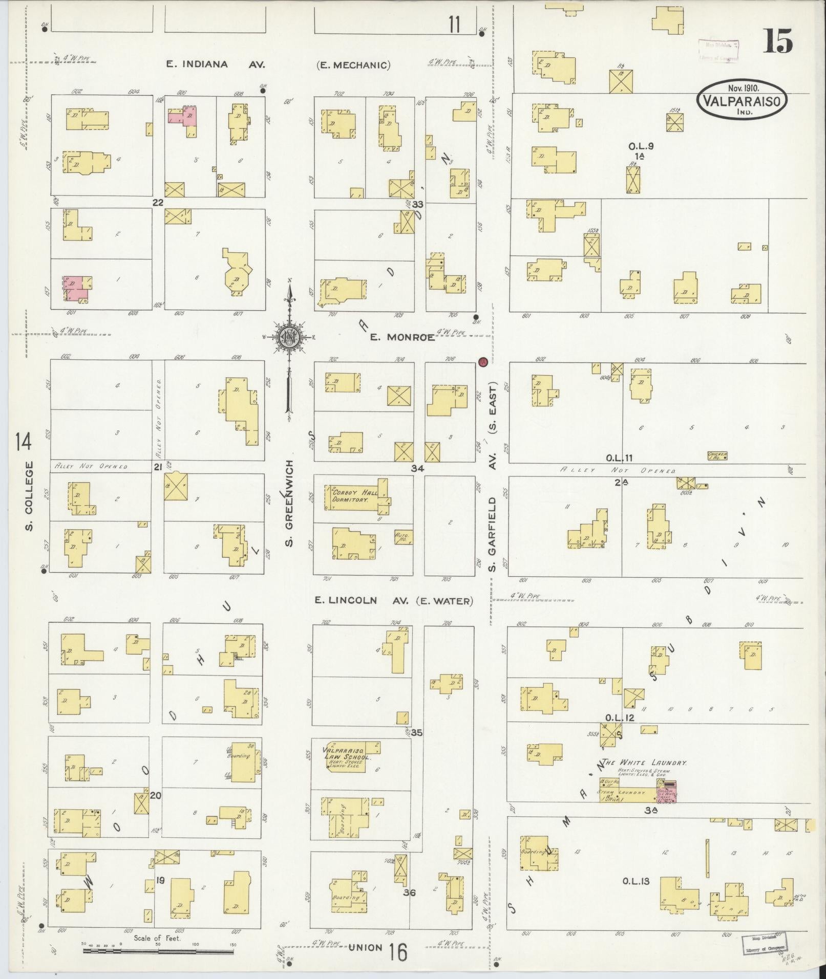 Sanborn Fire Insurance Map from Valparaiso, Porter County, Indiana (1910), Sheet #0015 - Historic Sanborn Fire Insurance Map Print, vintage old map wall art, antique decor, genealogy gift, Indiana Indiana map