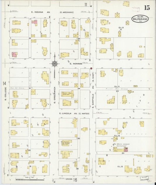 Sanborn Fire Insurance Map from Valparaiso, Porter County, Indiana (1910), Sheet #0015 - Historic Sanborn Fire Insurance Map Print, vintage old map wall art, antique decor, genealogy gift, Indiana Indiana map