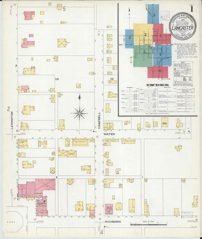 Sanborn Fire Insurance Map from Lancaster, Garrard County, Kentucky (1908), Sheet #0001 - Complete Map Set gallery image, historic Sanborn map, vintage wall art, Kentucky Kentucky