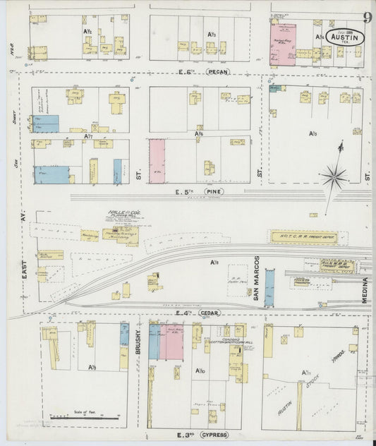 Sanborn Fire Insurance Map from Austin, Travis County, Texas (1889), Sheet #0009 - Historic Sanborn Fire Insurance Map Print, vintage old map wall art, antique decor, genealogy gift, Texas Texas map