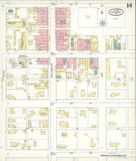 Sanborn Fire Insurance Map from Eugene, Lane County, Oregon (1896), Sheet #0014 - Historic Sanborn Fire Insurance Map Print, vintage old map wall art, antique decor, genealogy gift, Oregon Oregon map