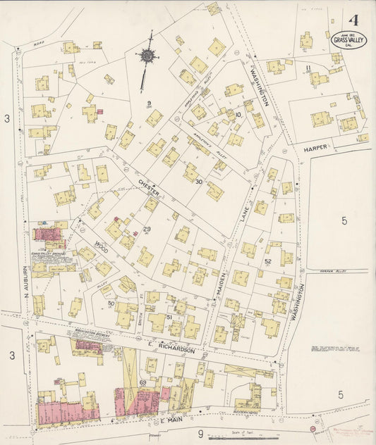 Sanborn Fire Insurance Map from Grass Valley, Nevada County, California (1912), Sheet #0004 - Historic Sanborn Fire Insurance Map Print, vintage old map wall art, antique decor, genealogy gift, Grass Valley Nevada map