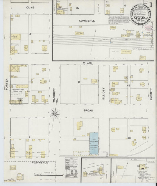 Sanborn Fire Insurance Map from Taylor, Williamson County, Texas (1889), Sheet #0001 - Historic Sanborn Fire Insurance Map Print, vintage old map wall art, antique decor, genealogy gift, Texas Texas map