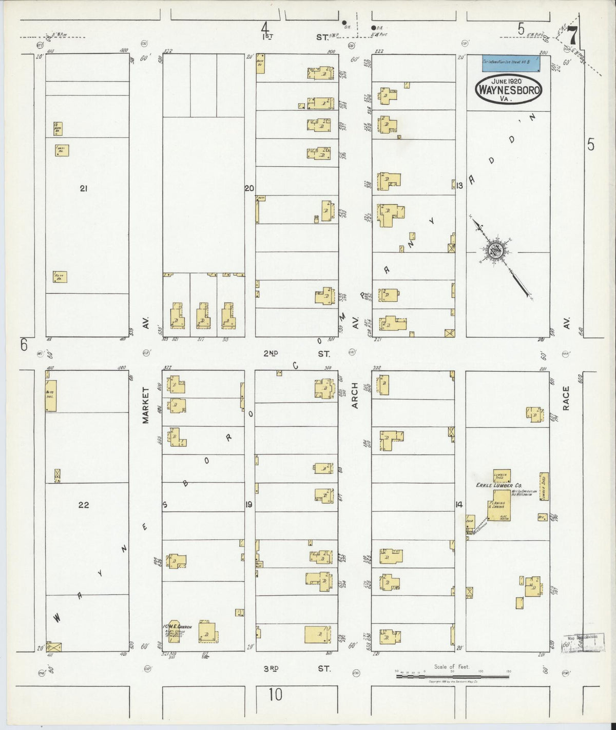 Sanborn Fire Insurance Map from Waynesboro, Independent Cities, Virginia (1920), Sheet #0007 - Complete Map Set gallery image, historic Sanborn map, vintage wall art, Virginia Virginia