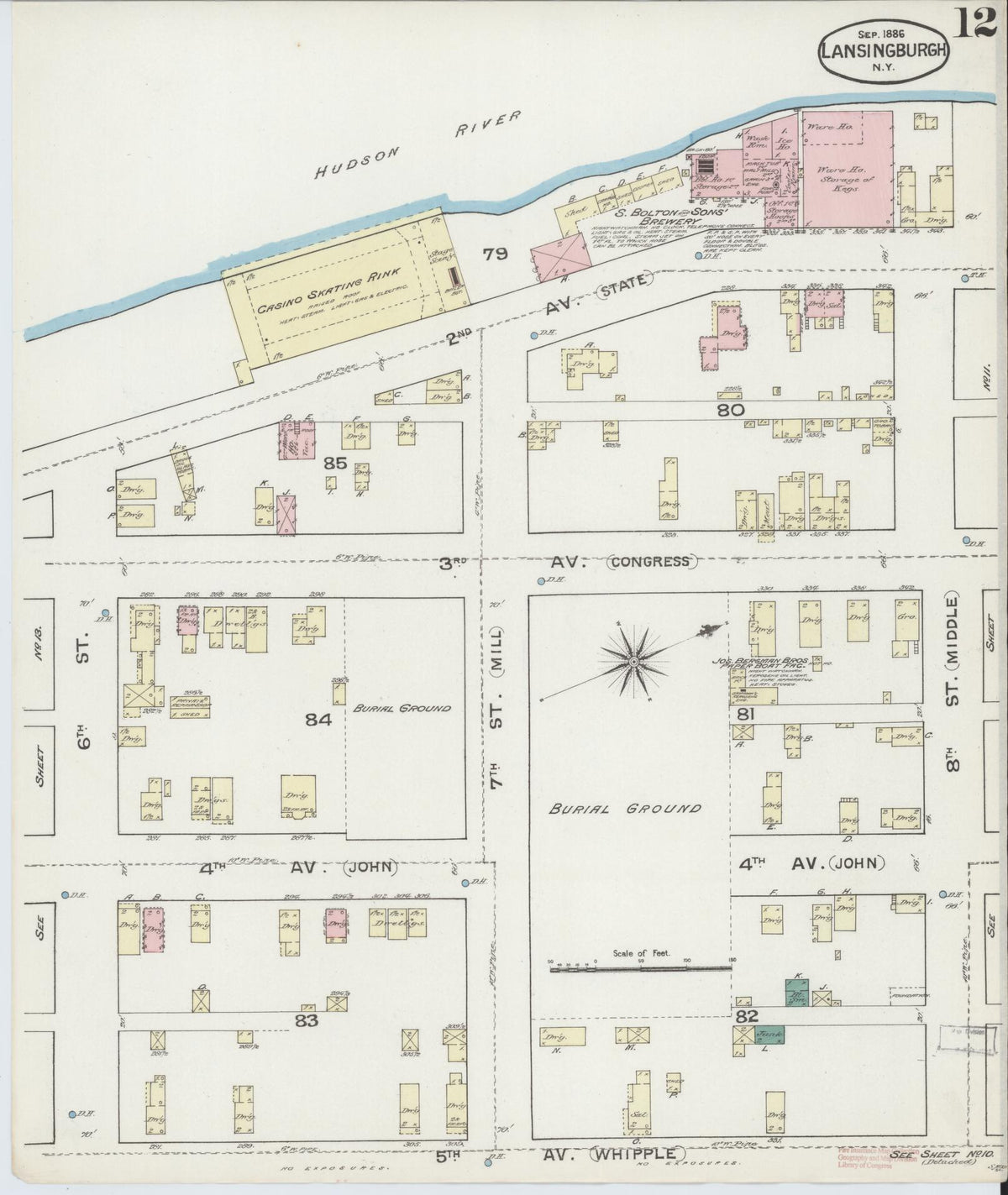 Sanborn Fire Insurance Map from Lansingburg, Rensselaer County, New York (1886), Sheet #0012 - Historic Sanborn Fire Insurance Map Print, vintage old map wall art, antique decor, genealogy gift, New York New York map