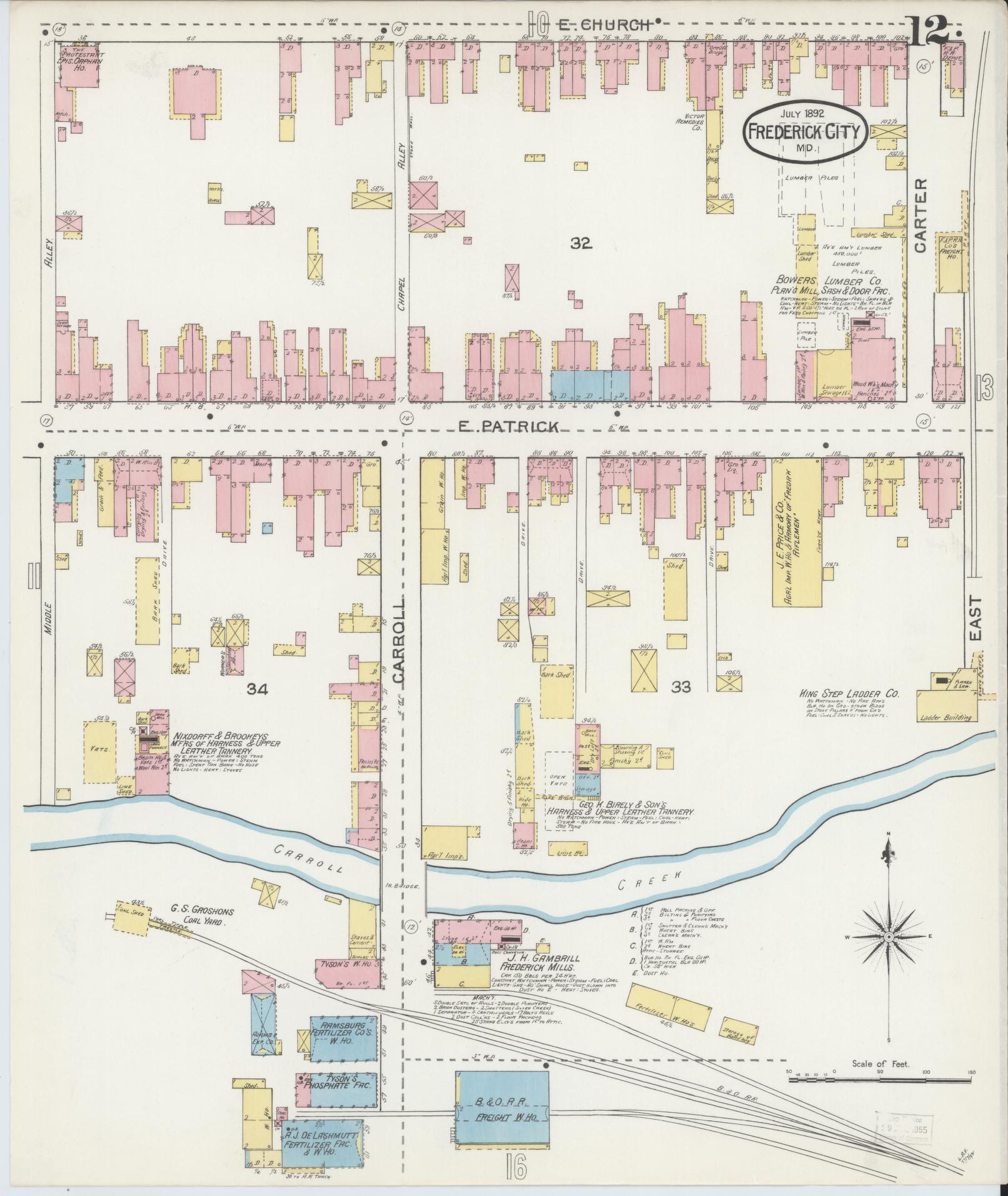 Frederick, Maryland - 1892 - Sanborn Fire Insurance Map, Sheet #0012 - Historic Sanborn Fire Insurance Map Print, Frederick Maryland 1892 0012 vintage old map wall art