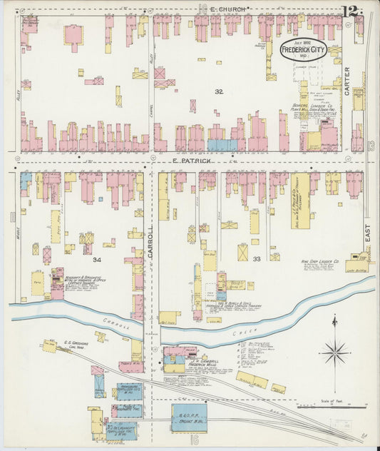 Frederick, Maryland - 1892 - Sanborn Fire Insurance Map, Sheet #0012 - Historic Sanborn Fire Insurance Map Print, Frederick Maryland 1892 0012 vintage old map wall art