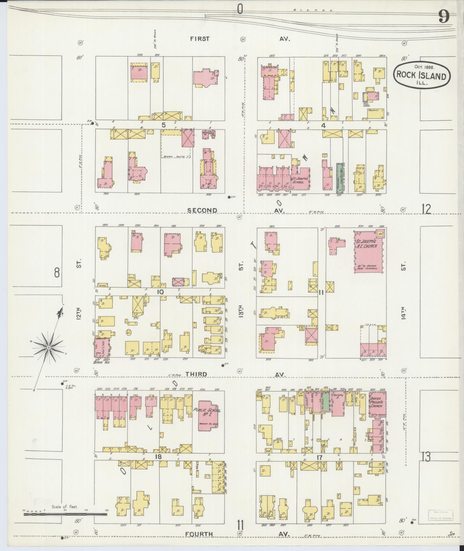 Sanborn Fire Insurance Map from Rock Island, Rock Island County, Illinois (1898), Sheet #0009 - Historic Sanborn Fire Insurance Map Print, vintage old map wall art, antique decor, genealogy gift, Illinois Illinois map
