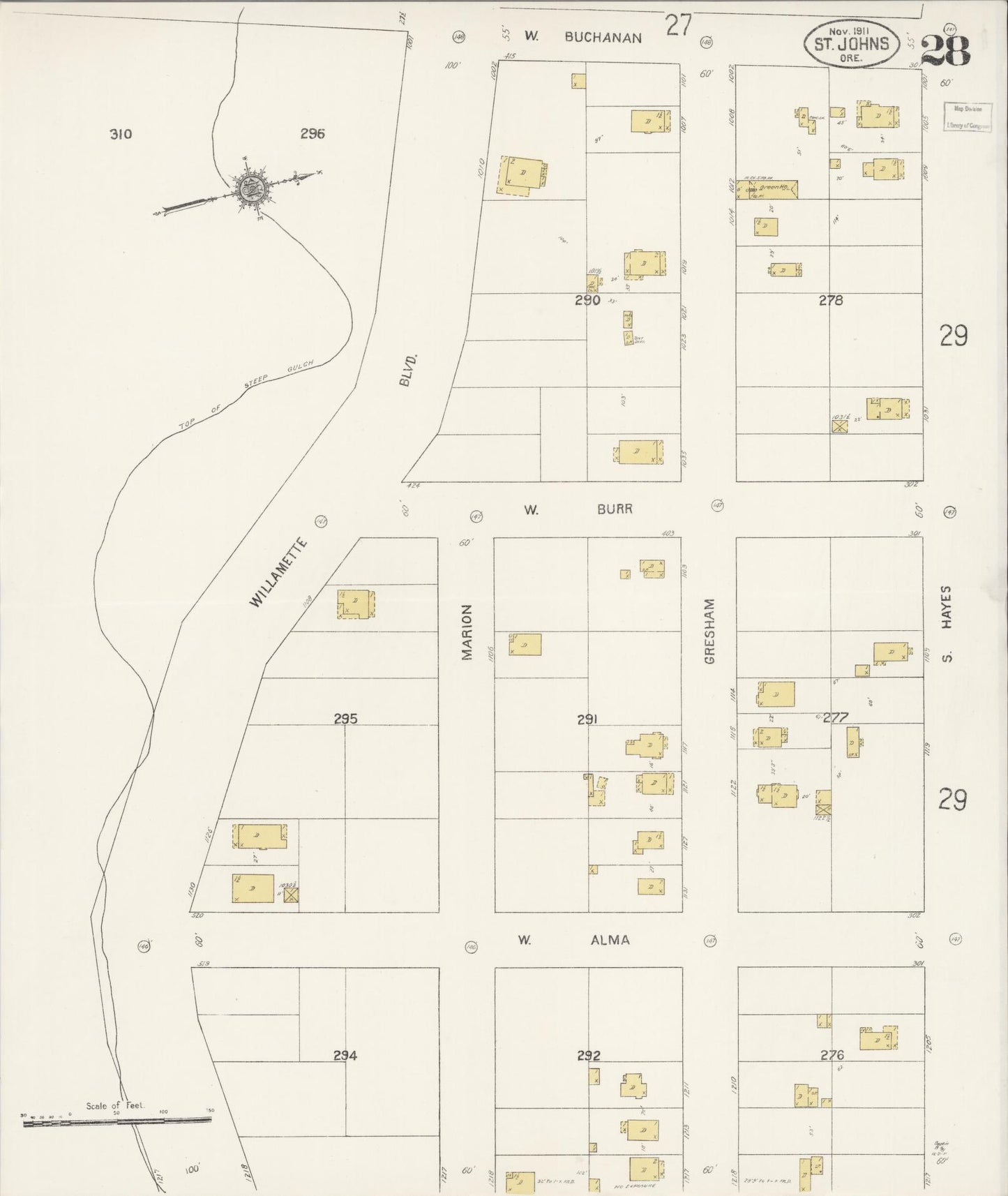 Sanborn Fire Insurance Map from Saint Johns, Multnomah County, Oregon (1911), Sheet #0028 - Complete Map Set gallery image, historic Sanborn map, vintage wall art, Oregon Oregon