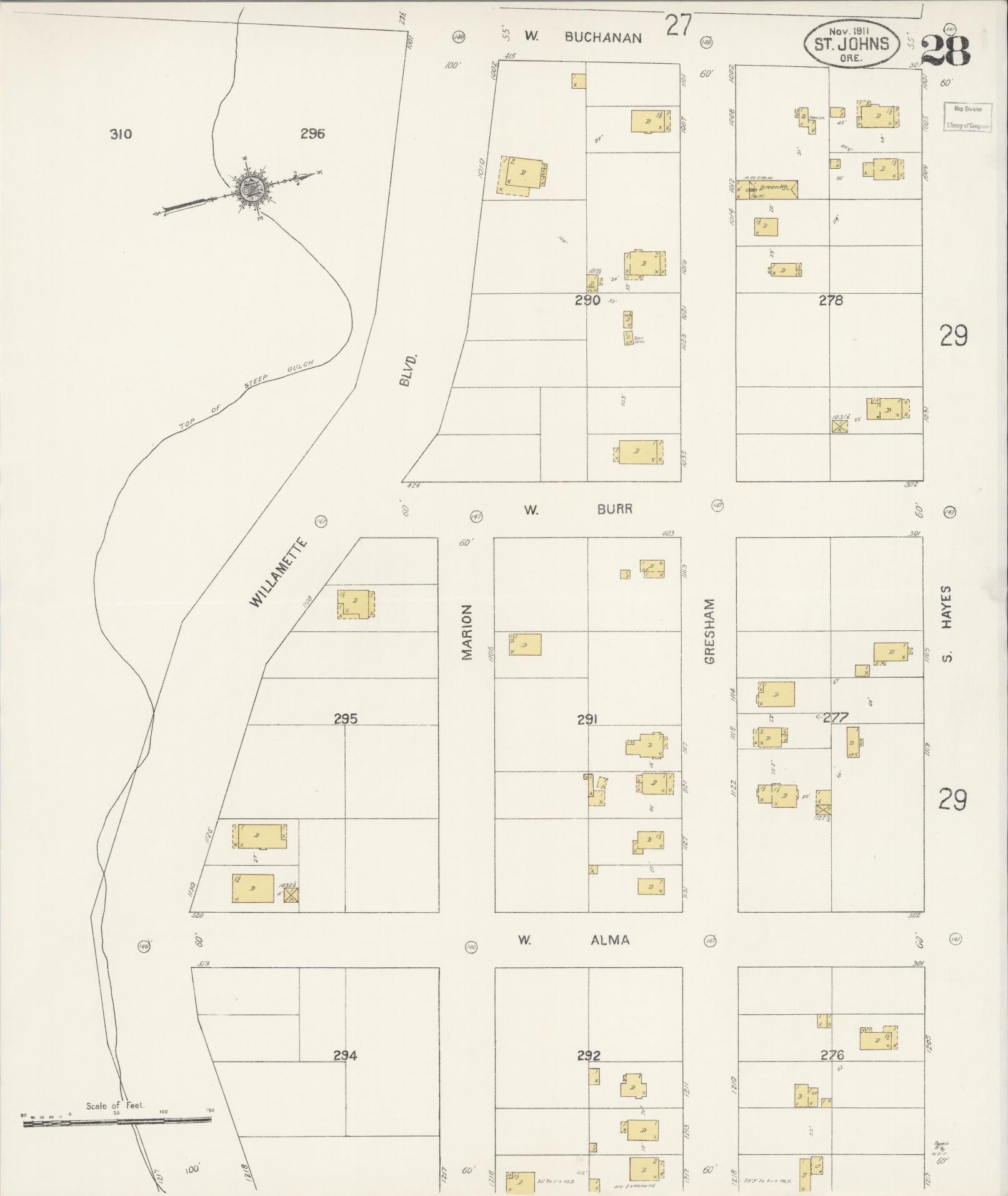 Sanborn Fire Insurance Map from Saint Johns, Multnomah County, Oregon (1911), Sheet #0028 - Complete Map Set gallery image, historic Sanborn map, vintage wall art, Oregon Oregon