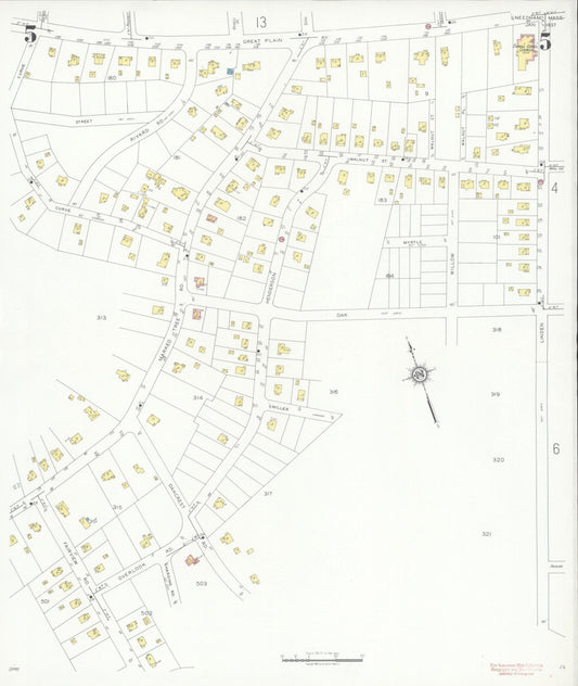 Sanborn Fire Insurance Map from Needham, Norfolk County, Massachusetts (1937), Sheet #0005 - Historic Sanborn Fire Insurance Map Print, vintage old map wall art, antique decor, genealogy gift, Massachusetts Massachusetts map