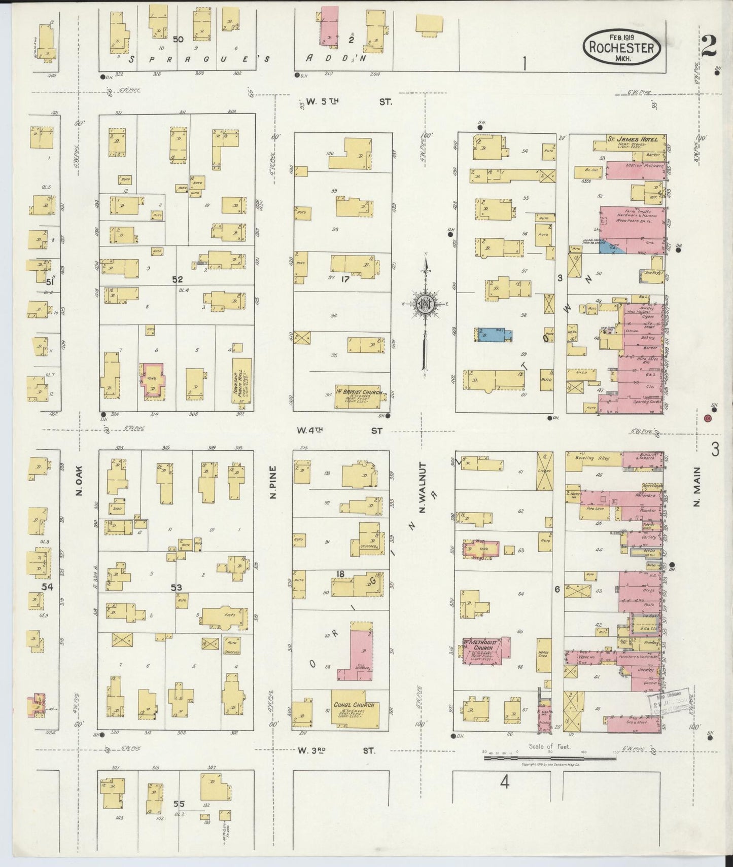 Sanborn Fire Insurance Map from Rochester, Oakland County, Michigan (1919), Sheet #0002 - Complete Map Set gallery image, historic Sanborn map, vintage wall art, Michigan Michigan