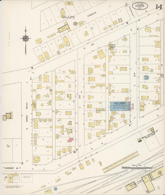 Sanborn Fire Insurance Map from Casper, Natrona County, Wyoming (1918), Sheet #0014 - Historic Sanborn Fire Insurance Map Print, vintage old map wall art, antique decor, genealogy gift, Wyoming Wyoming map