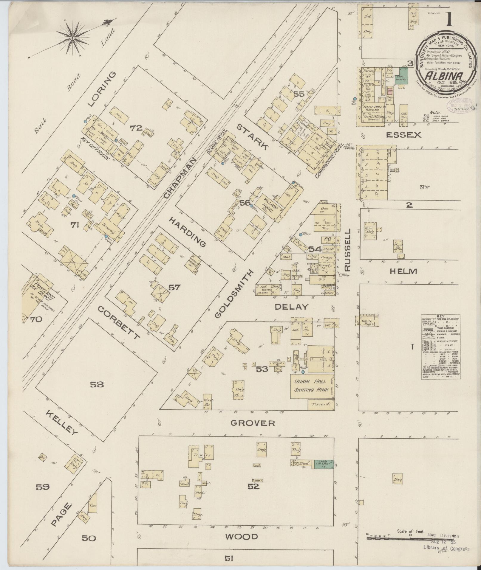 Sanborn Fire Insurance Map from Albina, Multnomah County, Oregon (1885), Sheet #0001 - Historic Sanborn Fire Insurance Map Print, vintage old map wall art, antique decor, genealogy gift, Oregon Oregon map