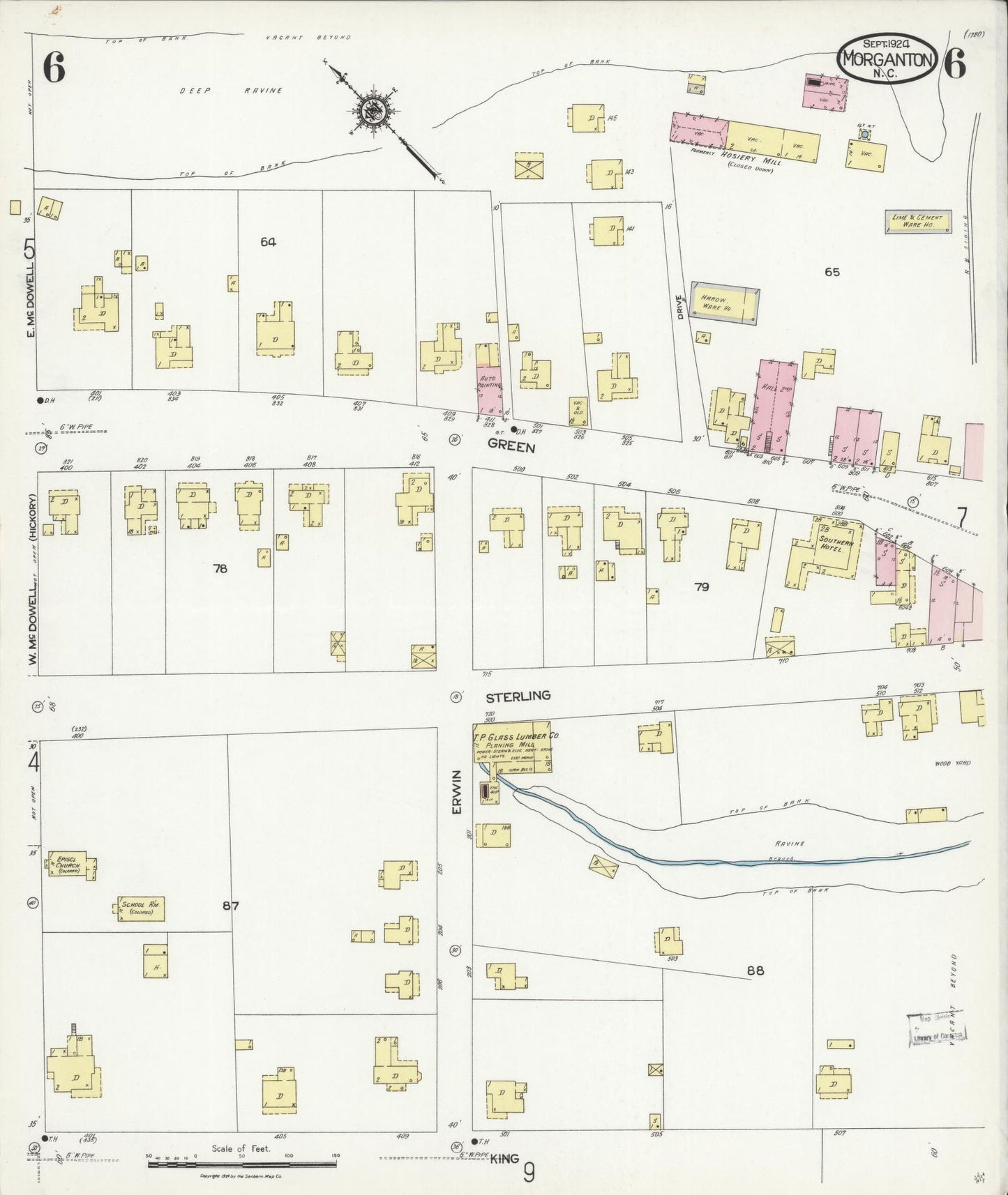 Sanborn Fire Insurance Map from Morganton, Burke County, North Carolina (1924), Sheet #0006 - Complete Map Set gallery image, historic Sanborn map, vintage wall art, North Carolina North Carolina