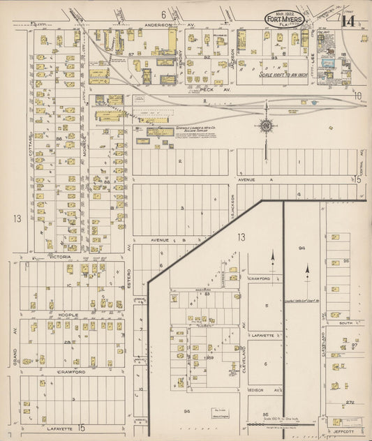 Sanborn Fire Insurance Map from Fort Myers, Lee County, Florida (1922), Sheet #0014 - Historic Sanborn Fire Insurance Map Print, vintage old map wall art, antique decor, genealogy gift, Florida Florida map