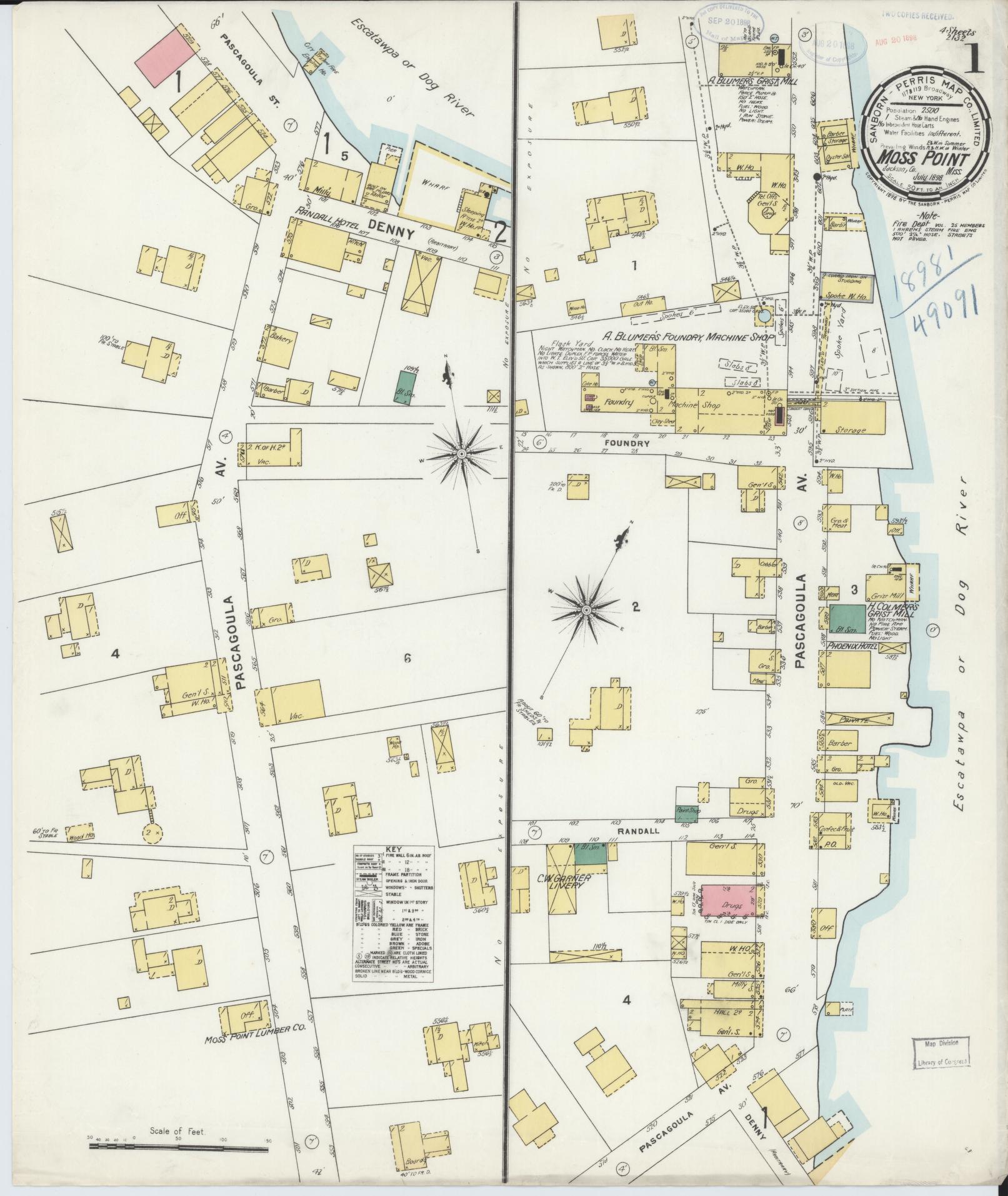 Sanborn Fire Insurance Map from Moss Point, Jackson County, Mississippi (1898), Sheet #0001 - Historic Sanborn Fire Insurance Map Print, vintage old map wall art, antique decor, genealogy gift, Mississippi Mississippi map