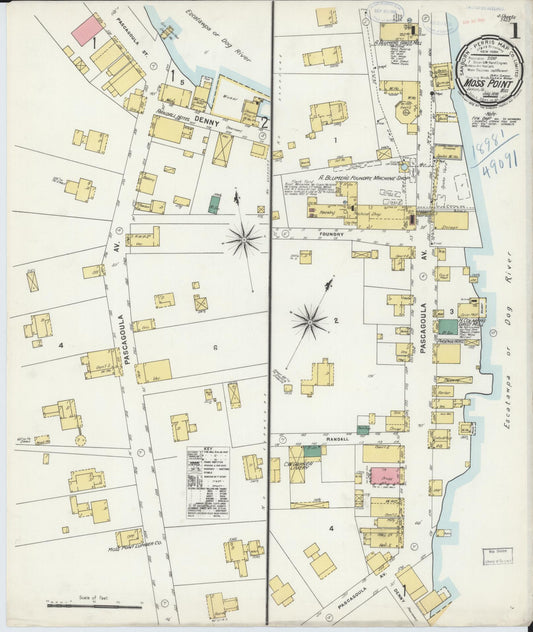Sanborn Fire Insurance Map from Moss Point, Jackson County, Mississippi (1898), Sheet #0001 - Historic Sanborn Fire Insurance Map Print, vintage old map wall art, antique decor, genealogy gift, Mississippi Mississippi map