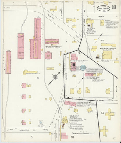 Sanborn Fire Insurance Map from Burlington, Alamance County, North Carolina (1913), Sheet #0010 - Historic Sanborn Fire Insurance Map Print, vintage old map wall art, antique decor, genealogy gift, North Carolina North Carolina map