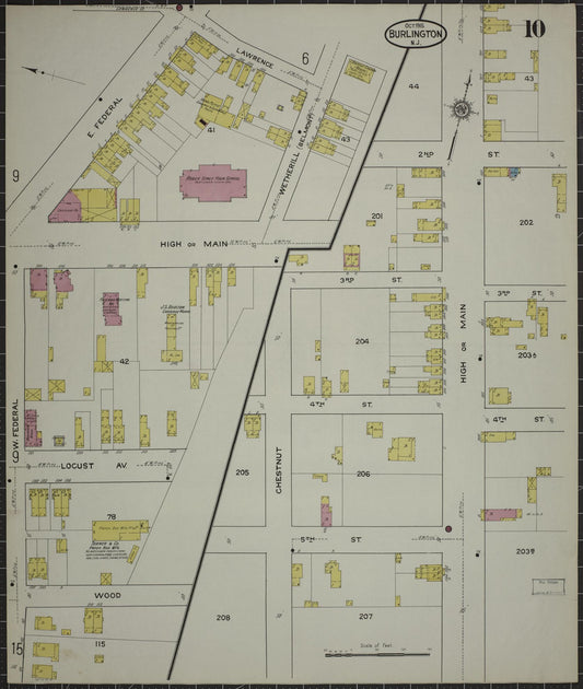 Sanborn Fire Insurance Map from Burlington, Burlington County, New Jersey (1915), Sheet #0010 - Historic Sanborn Fire Insurance Map Print, vintage old map wall art, antique decor, genealogy gift, New Jersey New Jersey map