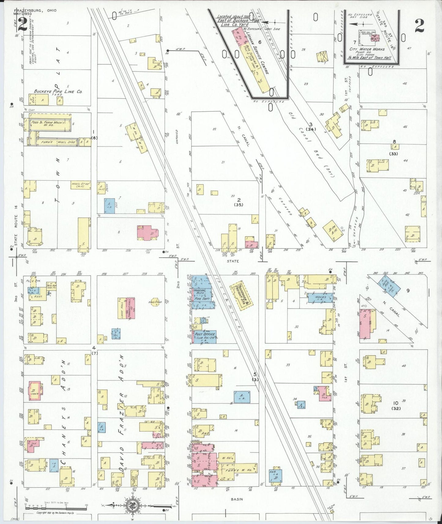 Sanborn Fire Insurance Map from Frazeysburg, Muskingum County, Ohio (1950), Sheet #0002 - Historic Sanborn Fire Insurance Map Print, vintage old map wall art, antique decor, genealogy gift, Ohio Ohio map