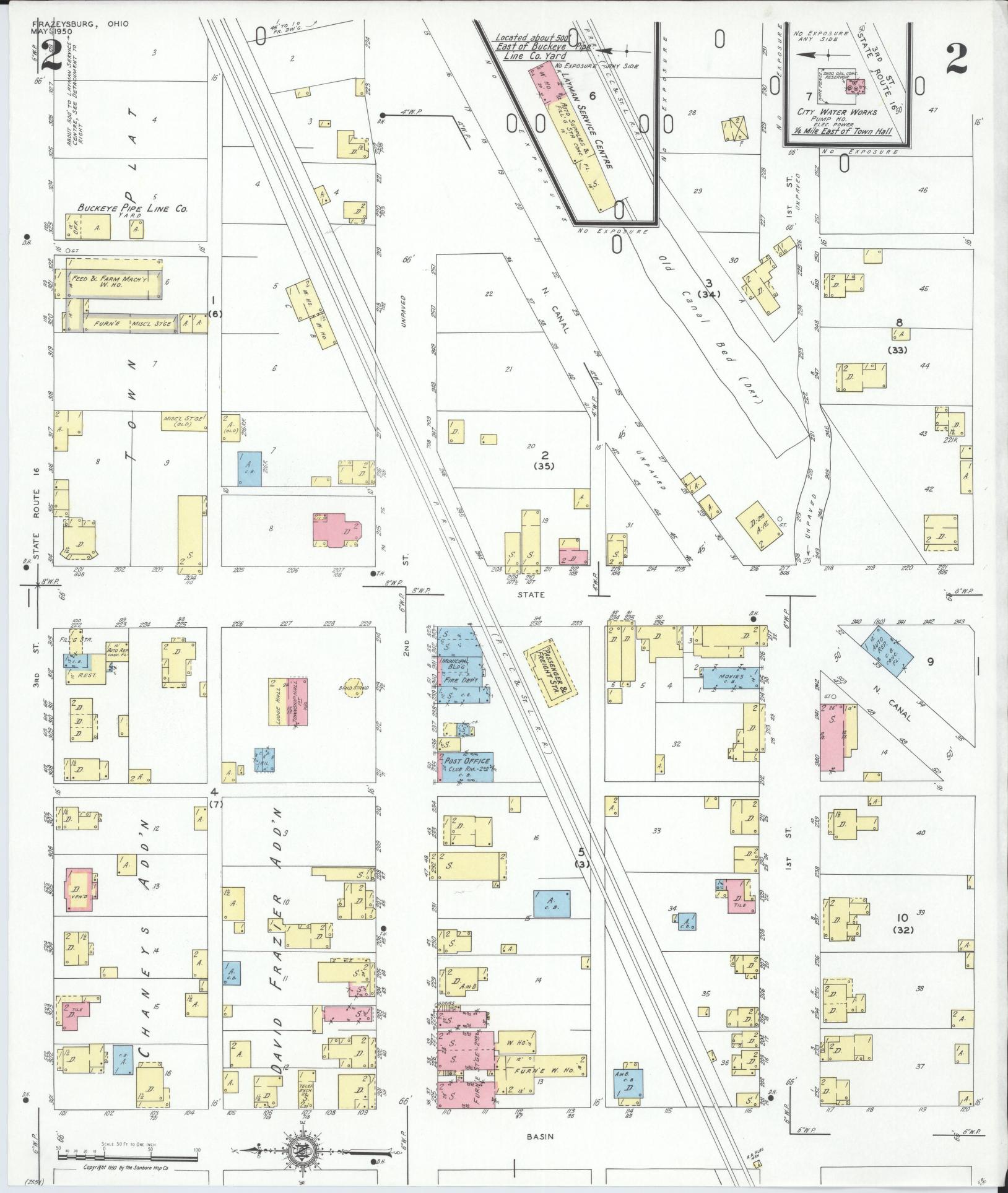 Sanborn Fire Insurance Map from Frazeysburg, Muskingum County, Ohio (1950), Sheet #0002 - Historic Sanborn Fire Insurance Map Print, vintage old map wall art, antique decor, genealogy gift, Ohio Ohio map