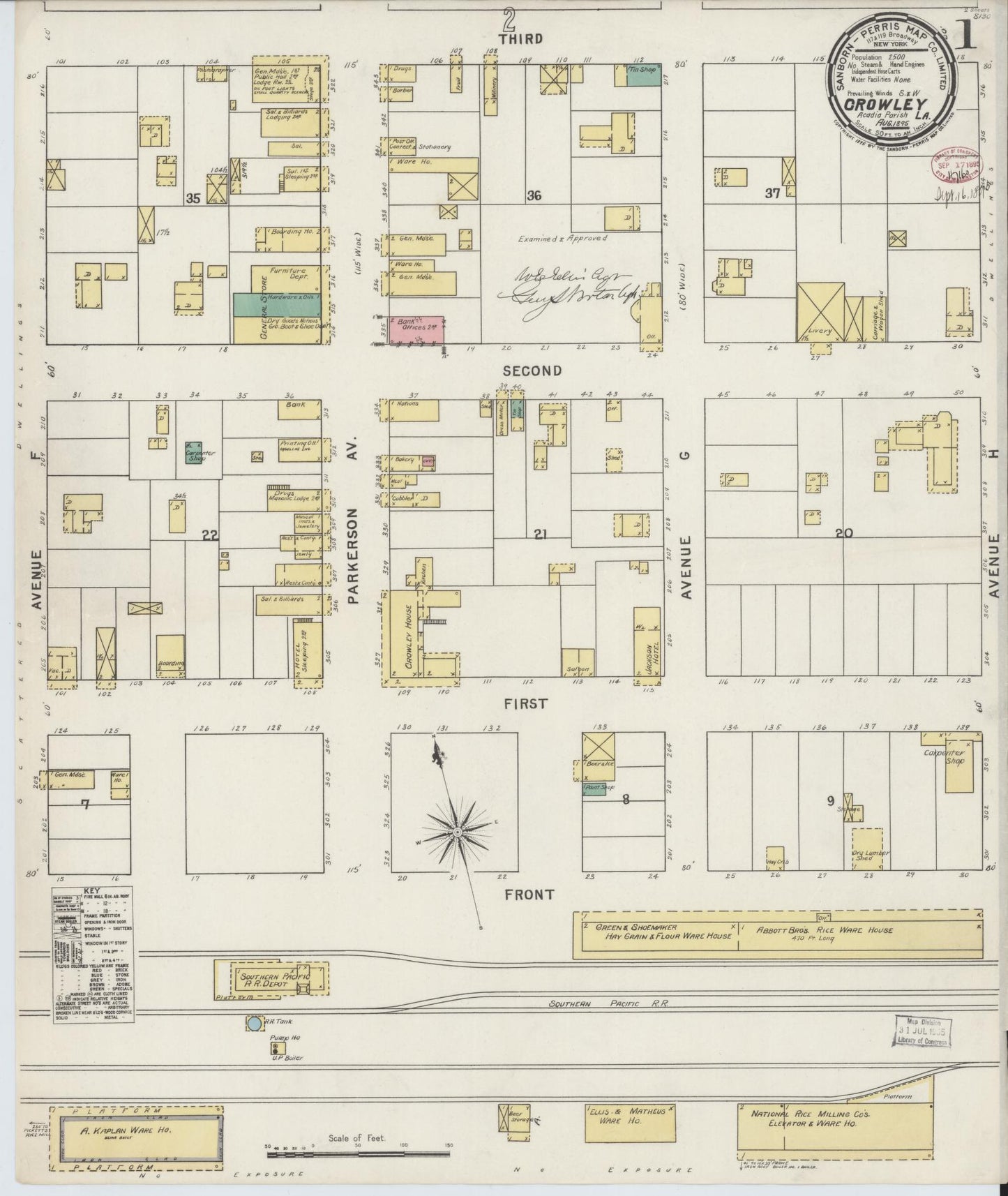 Sanborn Fire Insurance Map from Crowley, Acadia Parish, Louisiana (1895), Sheet #0001 - Complete Map Set gallery image, historic Sanborn map, vintage wall art, Louisiana Louisiana