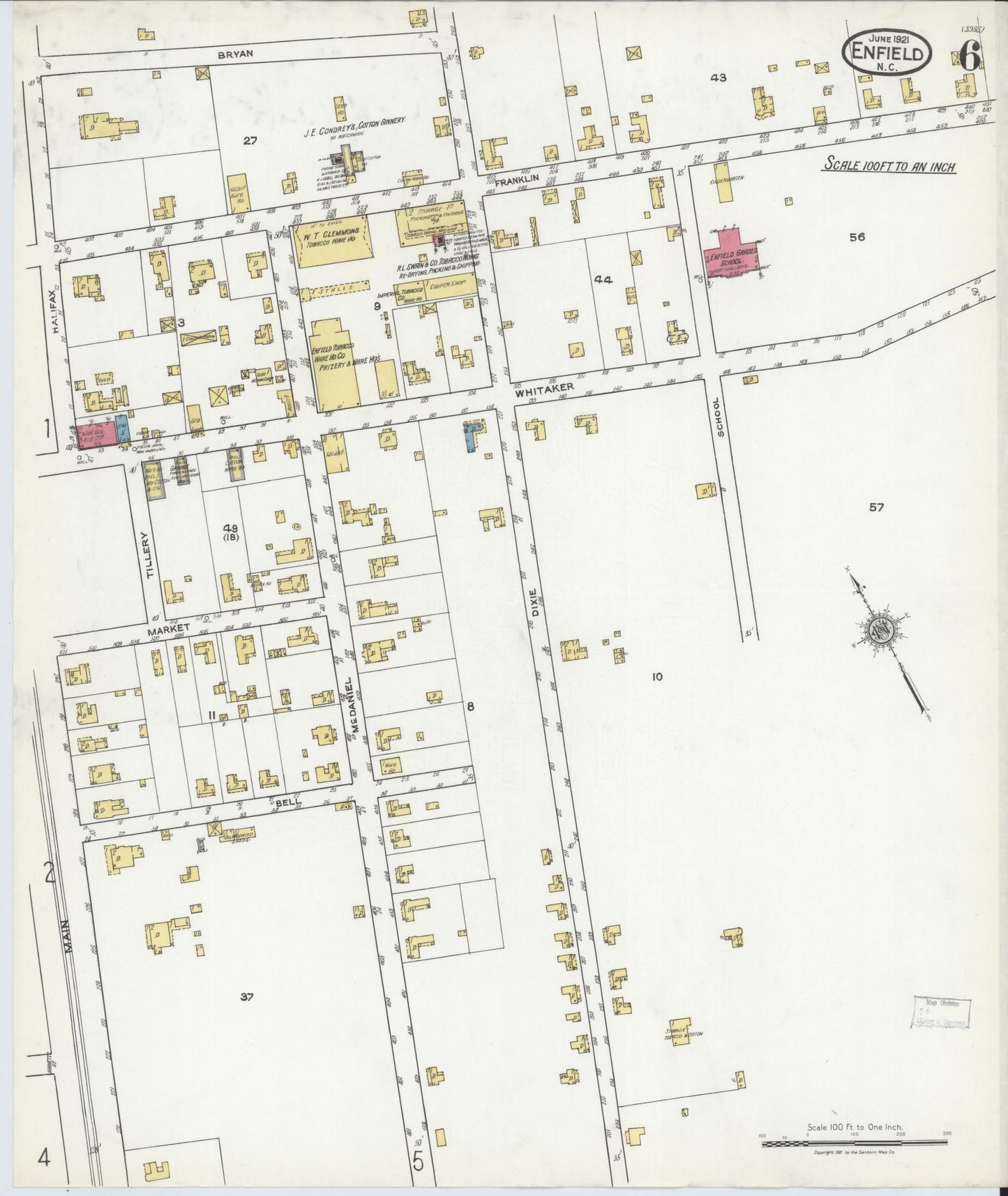 Sanborn Fire Insurance Map from Enfield, Halifax County, North Carolina (1921), Sheet #0006 - Historic Sanborn Fire Insurance Map Print, vintage old map wall art, antique decor, genealogy gift, North Carolina North Carolina map