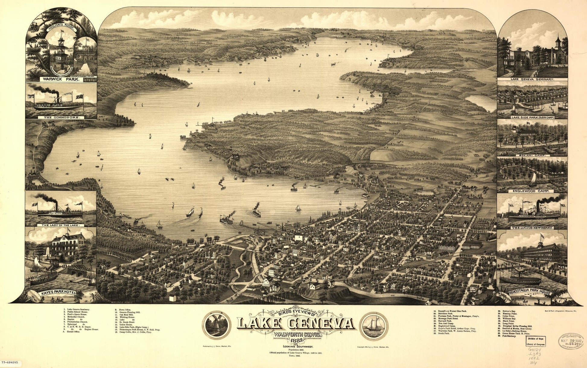 Bird's eye view of Lake Geneva, Walworth Co., Wis. 1882. (1882) – Historic Bird’s-Eye View Panorama Print