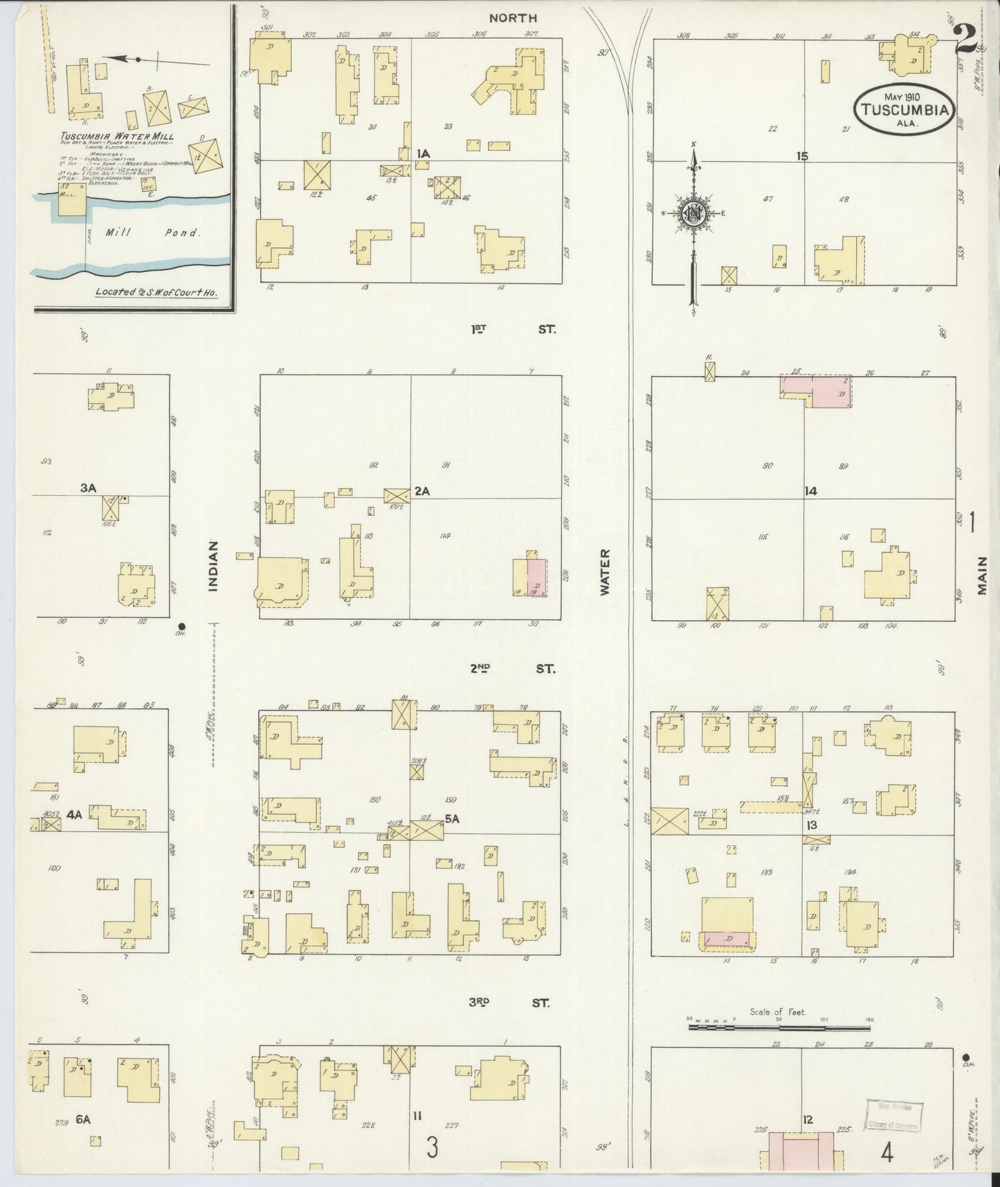 Sanborn Fire Insurance Map from Tuscumbia, Colbert County, Alabama (1910), Sheet #0002 - Historic Sanborn Fire Insurance Map Print, vintage old map wall art, antique decor, genealogy gift, Alabama Alabama map