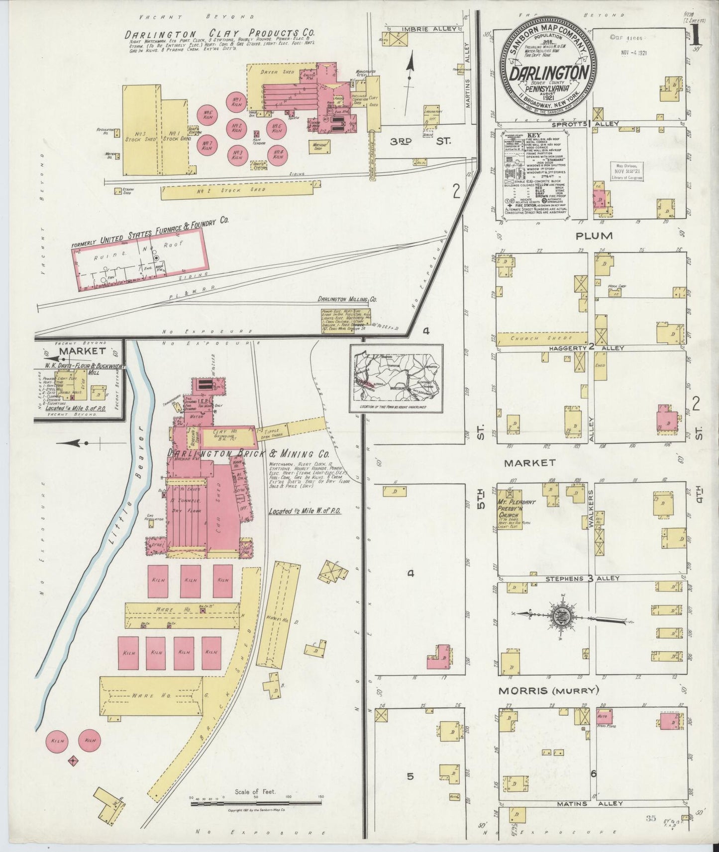 Sanborn Fire Insurance Map from Darlington, Beaver County, Pennsylvania (1921), Sheet #0001 - Historic Sanborn Fire Insurance Map Print, vintage old map wall art, antique decor, genealogy gift, Pennsylvania Pennsylvania map